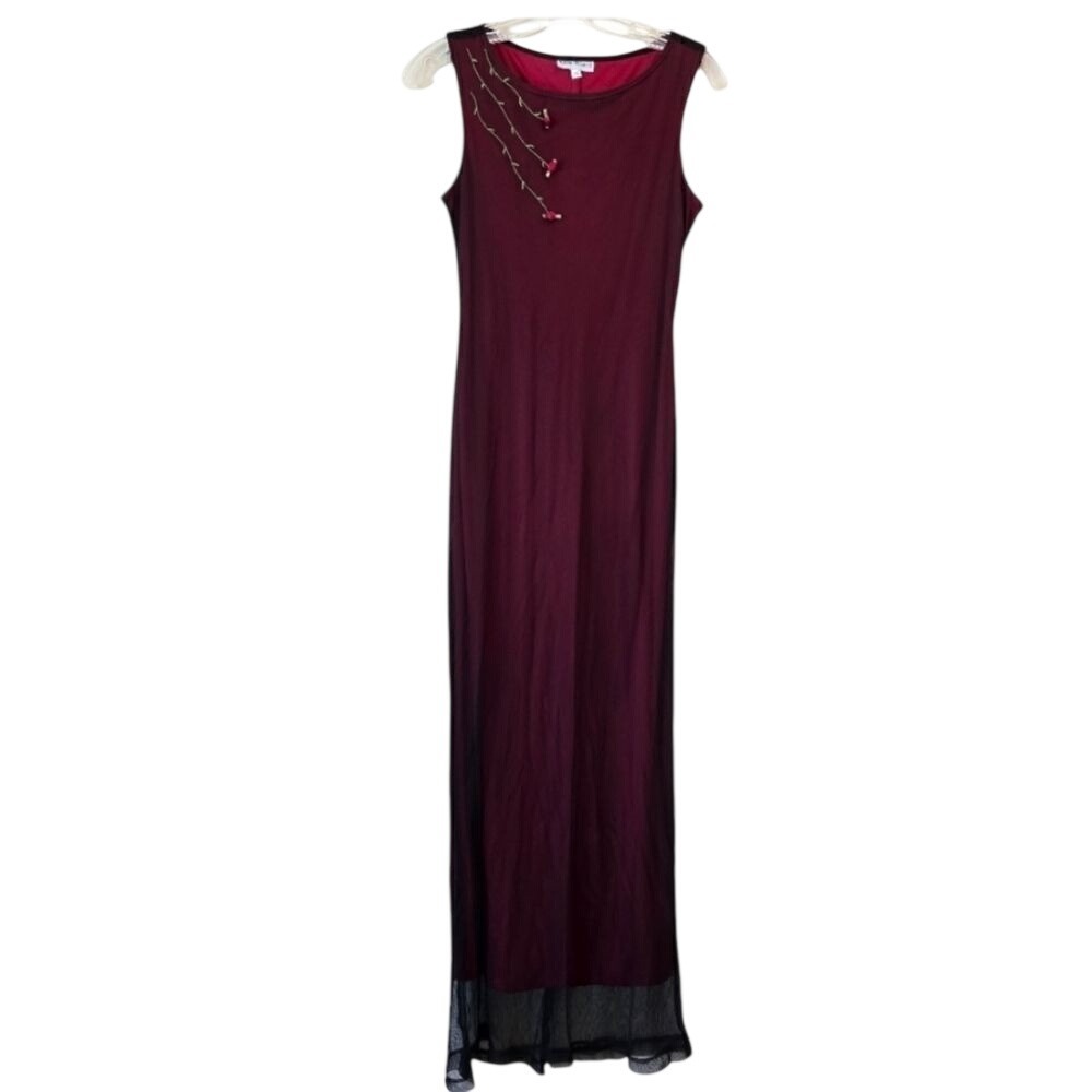 Vintage RAMPAGE Women's Maxi Dress Red- Black Mesh Overlay/‎ 3D Size Small Y2K